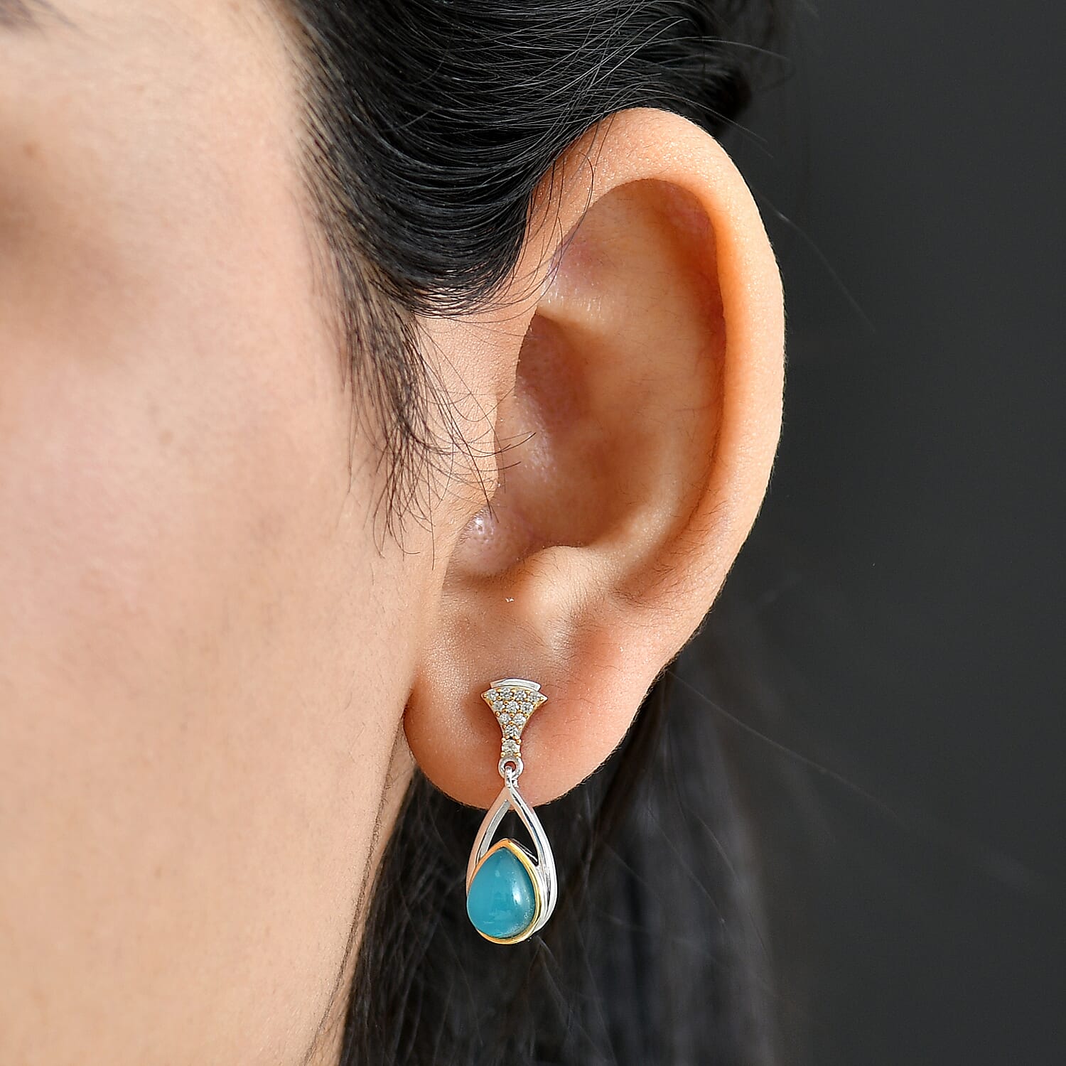 D'Joy Premium Paraiba Moonstone and White Zircon 2.40 ctw Earrings in 18K YG and Platinum Over Sterling Silver