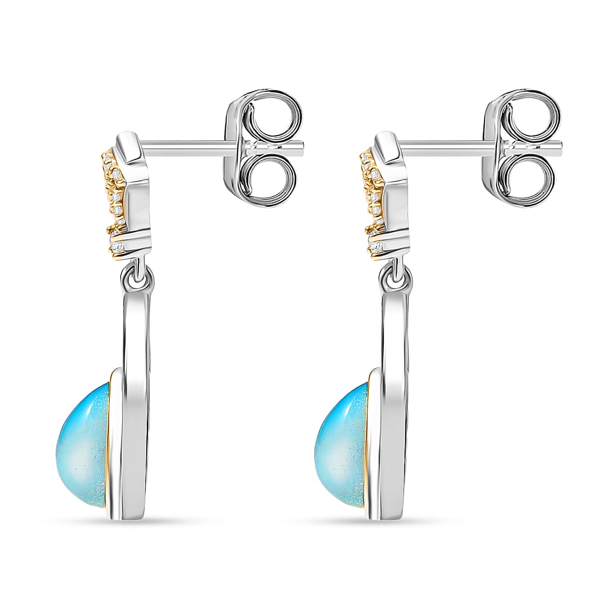 D'Joy Premium Paraiba Moonstone and White Zircon 2.40 ctw Earrings in 18K YG and Platinum Over Sterling Silver