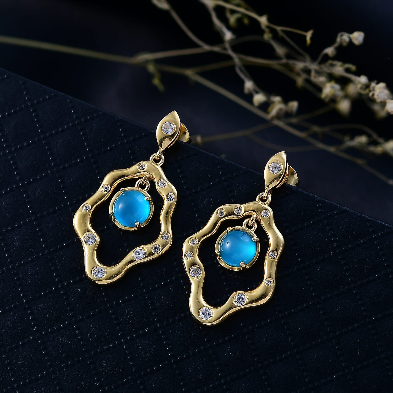 D'Joy Premium Paraiba Moonstone and White Zircon 2.60 ctw Earrings in 18K YG Plated Sterling Silver