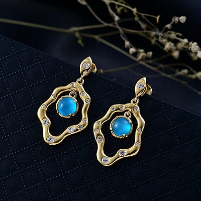 D'Joy Premium Paraiba Moonstone and White Zircon 2.60 ctw Earrings in 18K YG Plated Sterling Silver