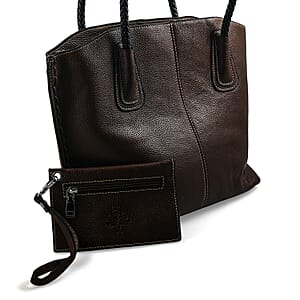 La Marey Brown Genuine Leather Tote Bag with Small Pouch