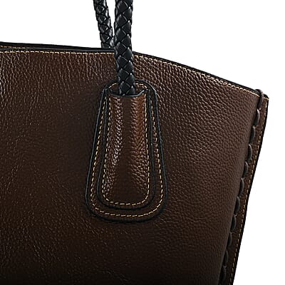 La Marey Brown Genuine Leather Tote Bag with Small Pouch