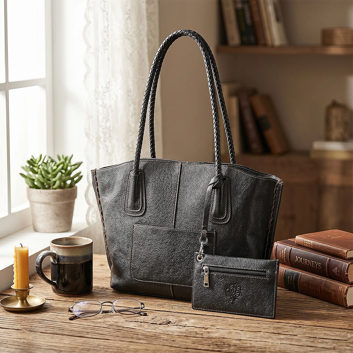 La Marey Burgundy Genuine Leather Tote Bag with Small Pouch image number 1