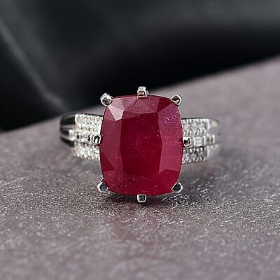 D'Joy Niassa Ruby (FF) and Moissanite 9.40 ctw Crown Ring in Rhodium Over Sterling Silver (Size 6.0)