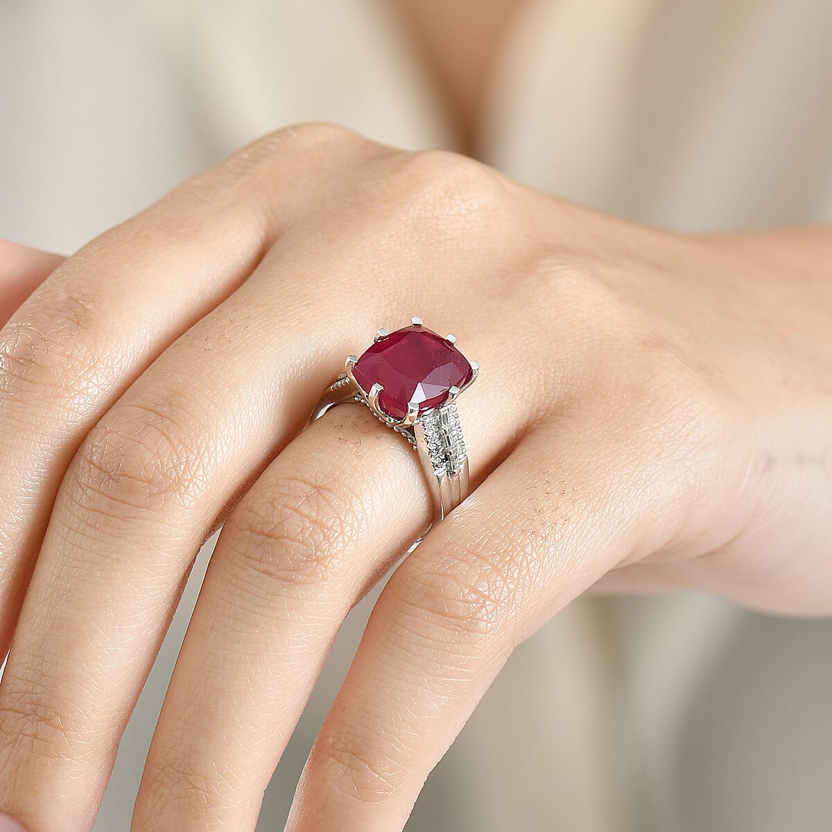 D'Joy Niassa Ruby (FF) and Moissanite 9.40 ctw Crown Ring in Rhodium Over Sterling Silver (Size 9.0) image number 2
