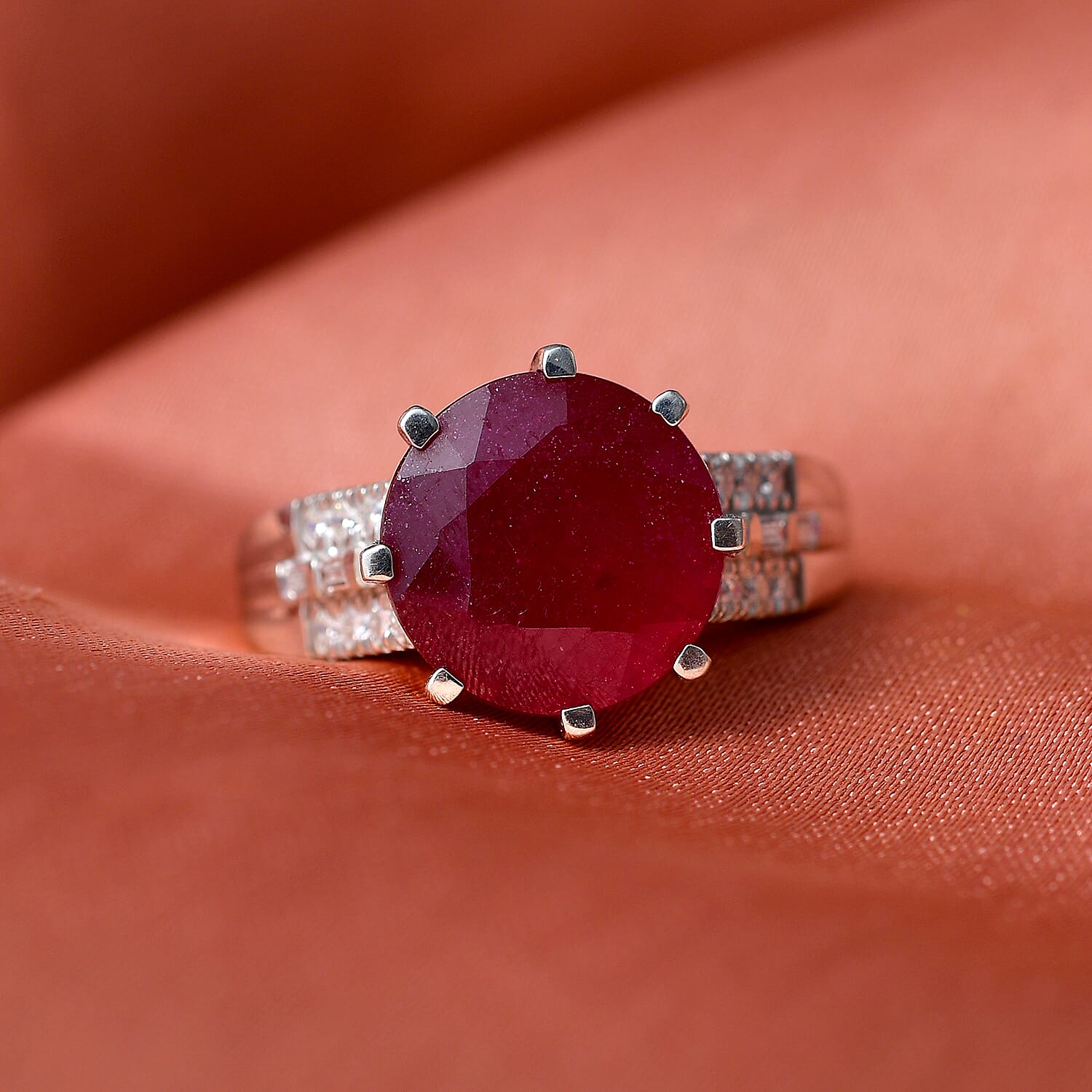D'Joy Niassa Ruby (FF) and Moissanite 7.65 ctw Crown Ring in Rhodium Over Sterling Silver (Size 10.0)