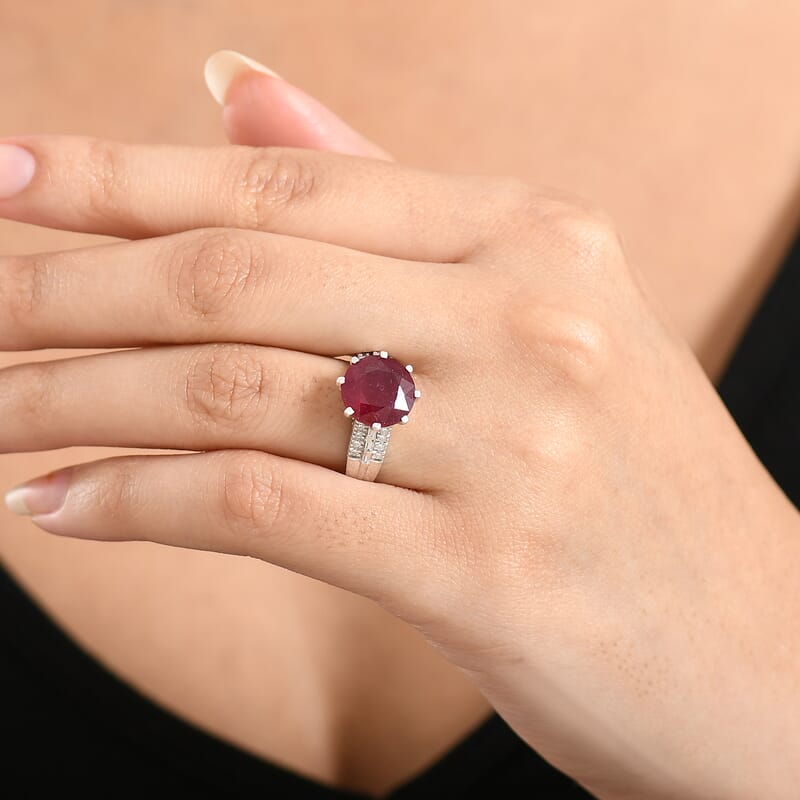D'Joy Niassa Ruby (FF) and Moissanite 7.65 ctw Crown Ring in Rhodium Over Sterling Silver (Size 10.0)
