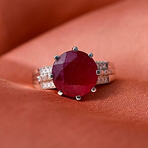 D'Joy Niassa Ruby (FF) and Moissanite 7.65 ctw Crown Ring in Rhodium Over Sterling Silver (Size 6.0)