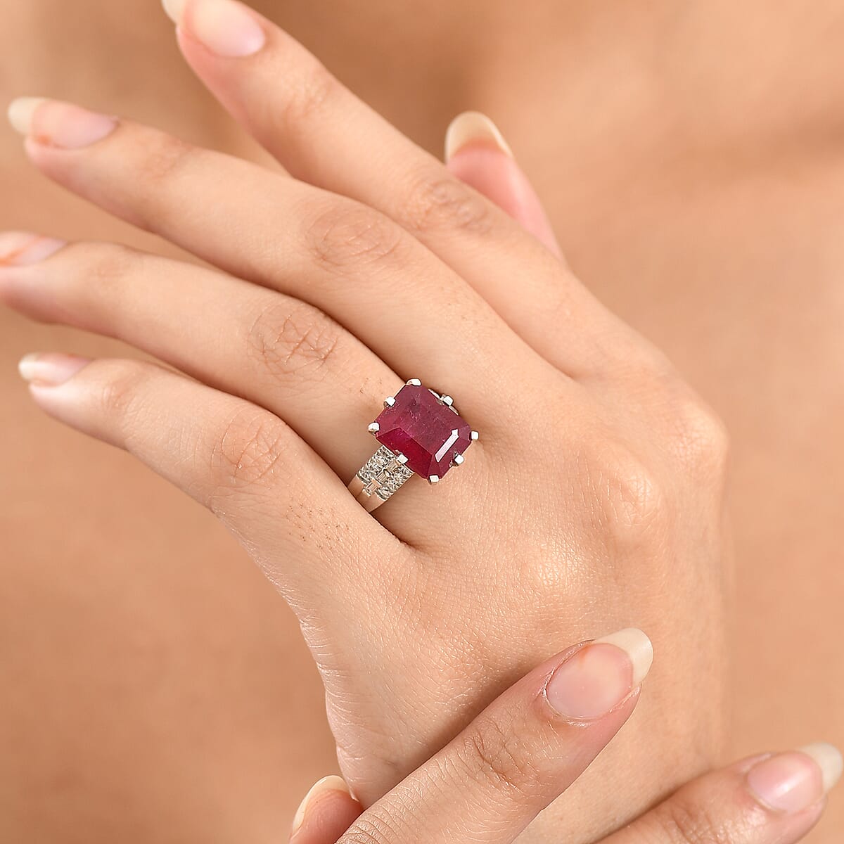 D'Joy Niassa Ruby (FF) and Moissanite 9.30 ctw Crown Ring in Rhodium Over Sterling Silver (Size 7.0) image number 2