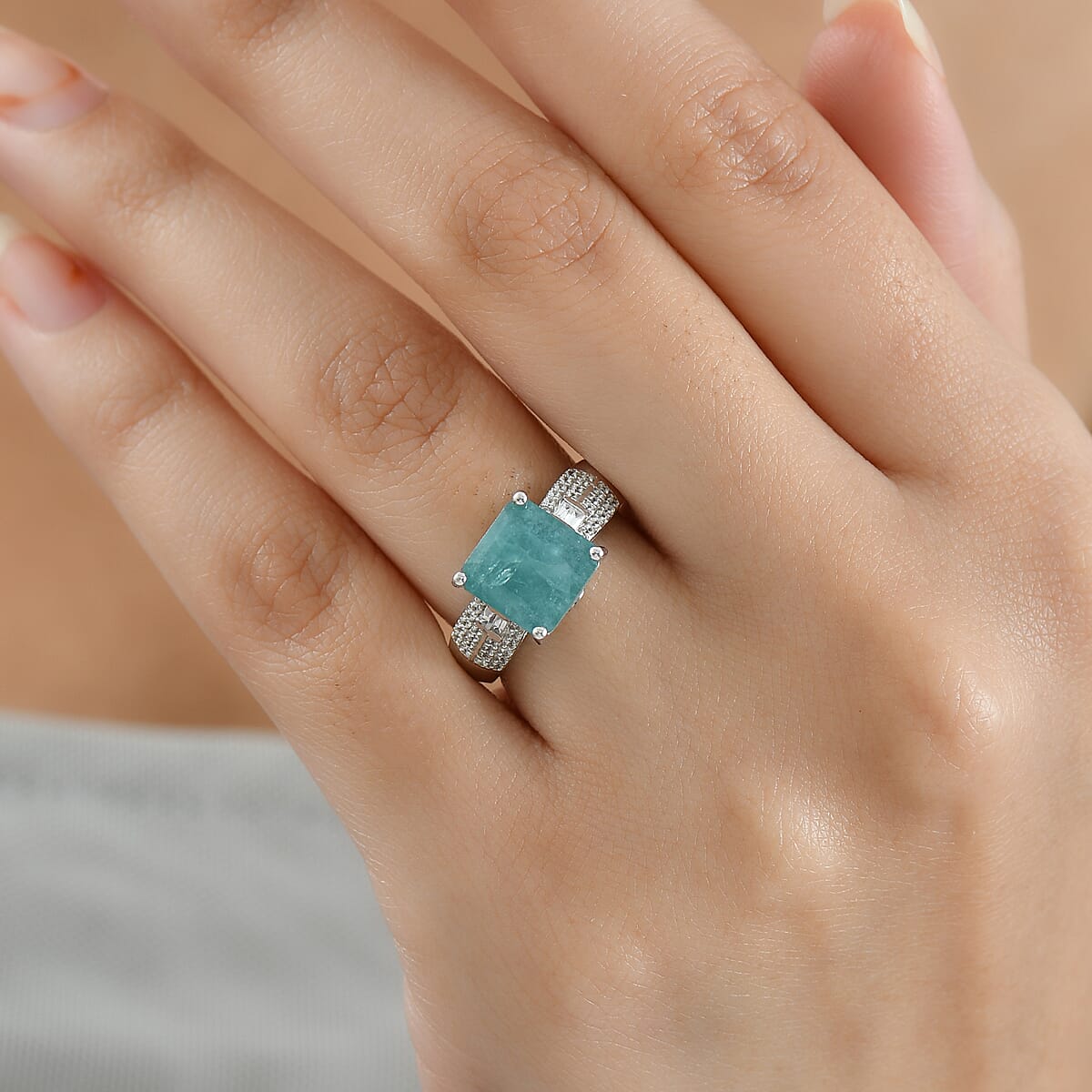 D'Joy Asscher Cut Premium Grandidierite and White Zircon 4.25 ctw Architectural Serenity Ring in Rhodium Over Sterling Silver (Size 10.0) (Del. in 7-10 Days) image number 2