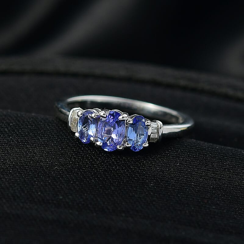 D'Joy Tanzanite and Diamond 0.90 ctw Oval Harmony Ring in Rhodium Over Sterling Silver (Size 6.0)