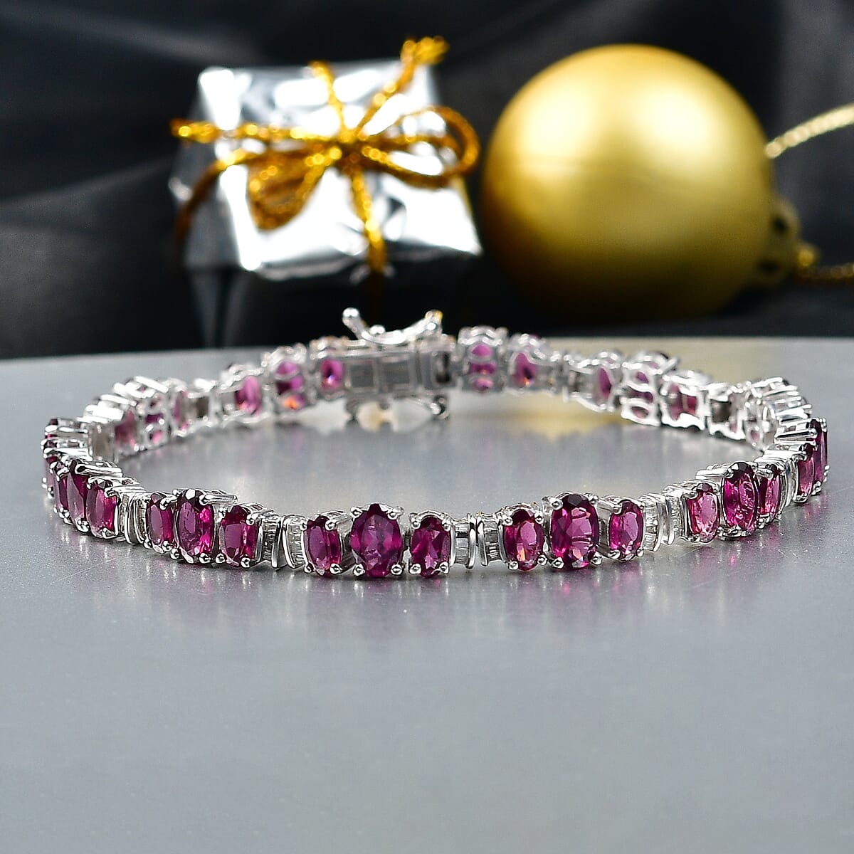 D'Joy Radiant Ember Garnet and Diamond 12.50 ctw Bracelet in Rhodium Over Sterling Silver (6.50 In) image number 1