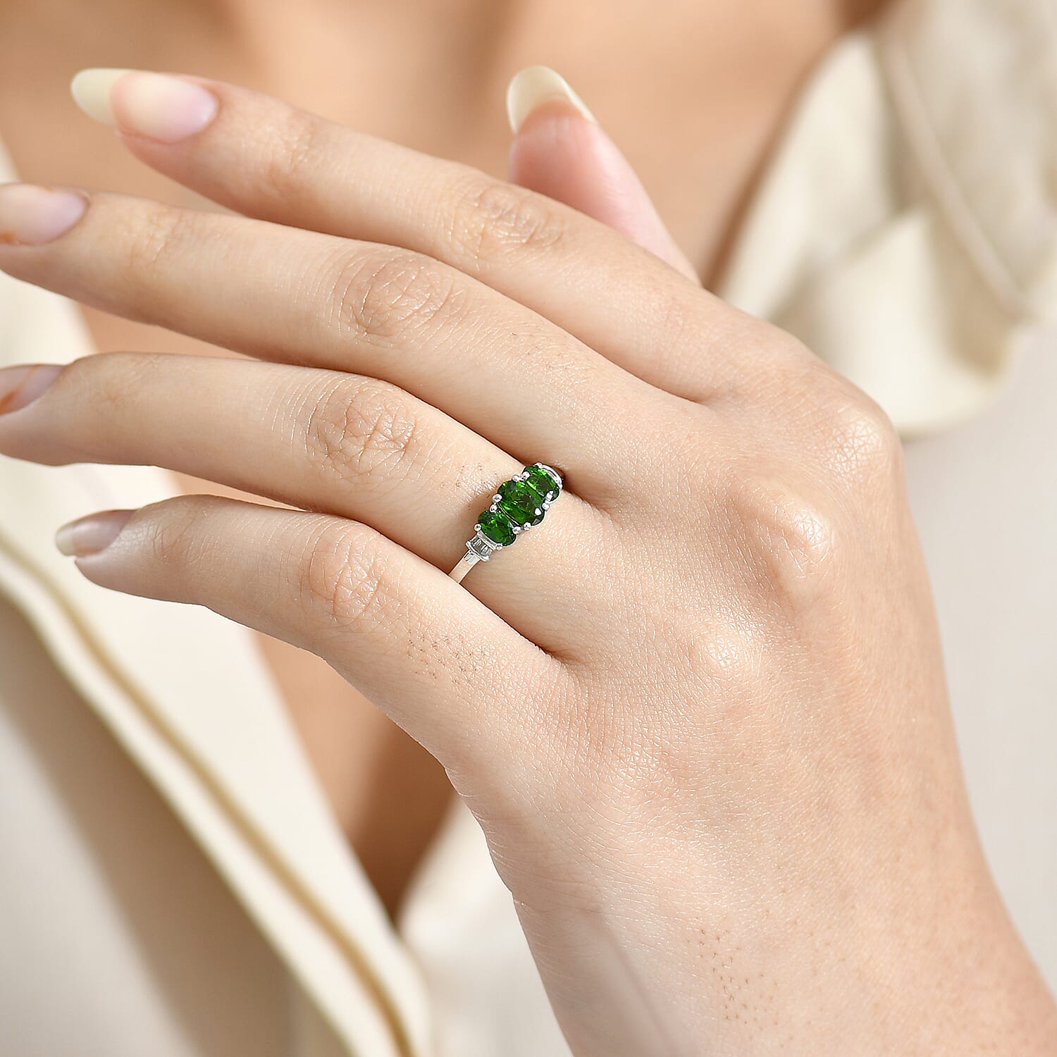 D'Joy Chrome Diopside, Diamond Ring in Rhodium Over Sterling Silver 1.00 ctw (Size 6.0)