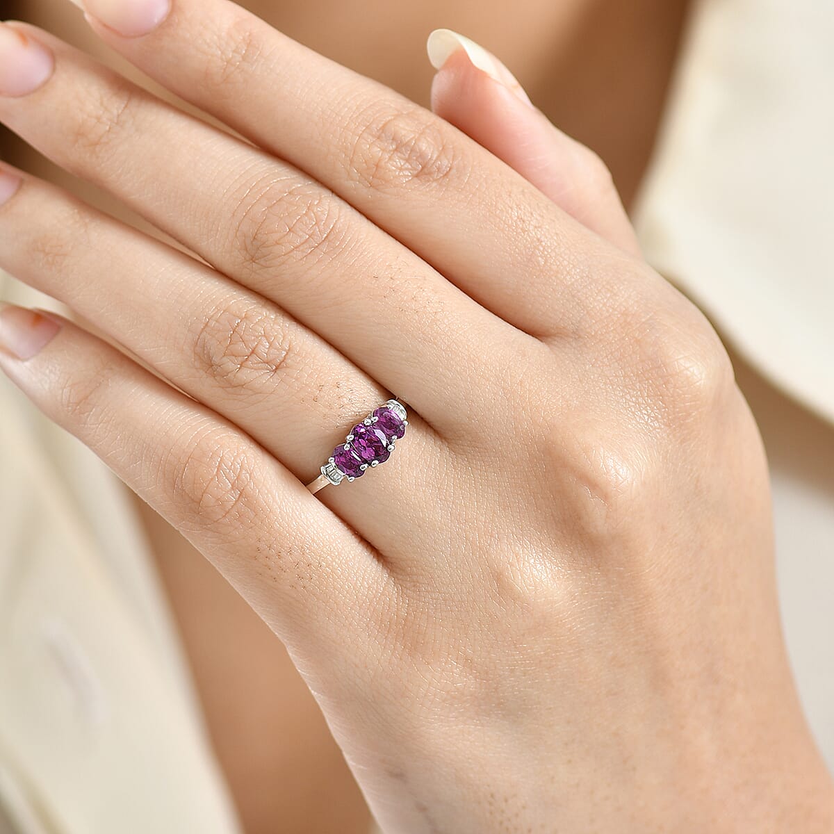 D'Joy Radiant Ember Garnet, Diamond Ring in Rhodium Over Sterling Silver 1.20 ctw (Size 9.0) image number 2