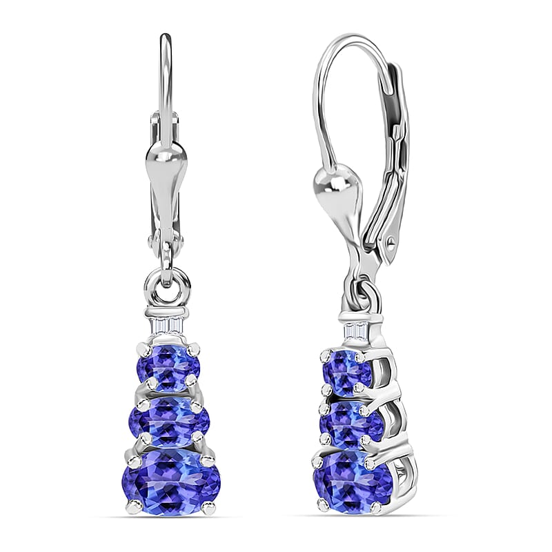 D'Joy Tanzanite and Diamond 1.70 ctw Earrings in Rhodium Over Sterling Silver