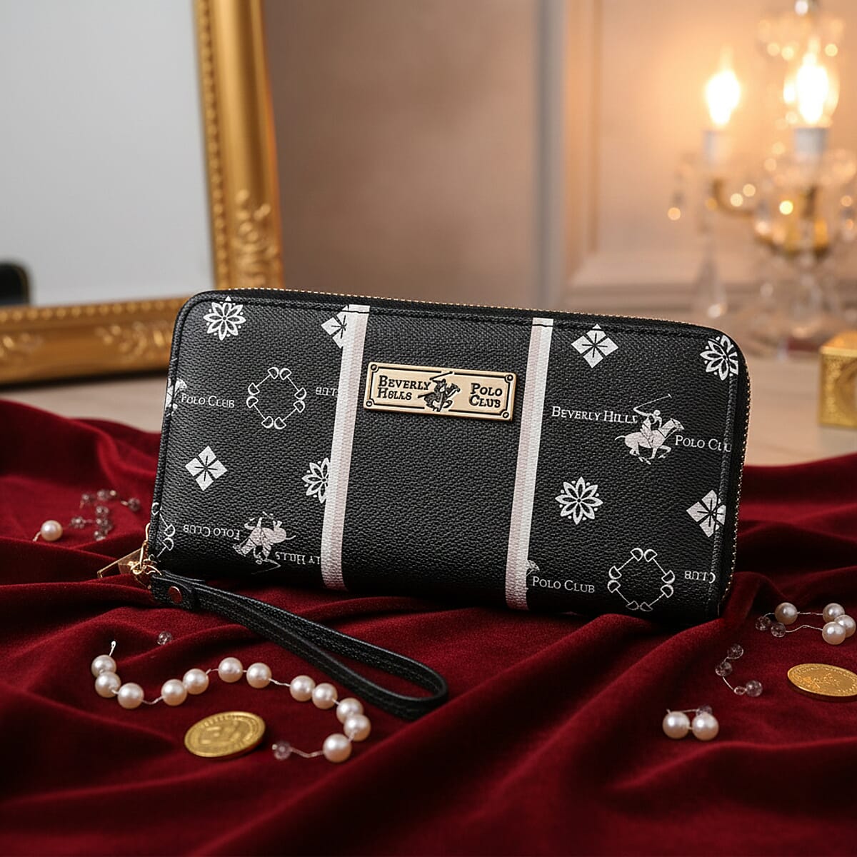 Closeout Beverly Hills Polo Club Black Faux Leather Multi Pattern Wristlet Wallet image number 1