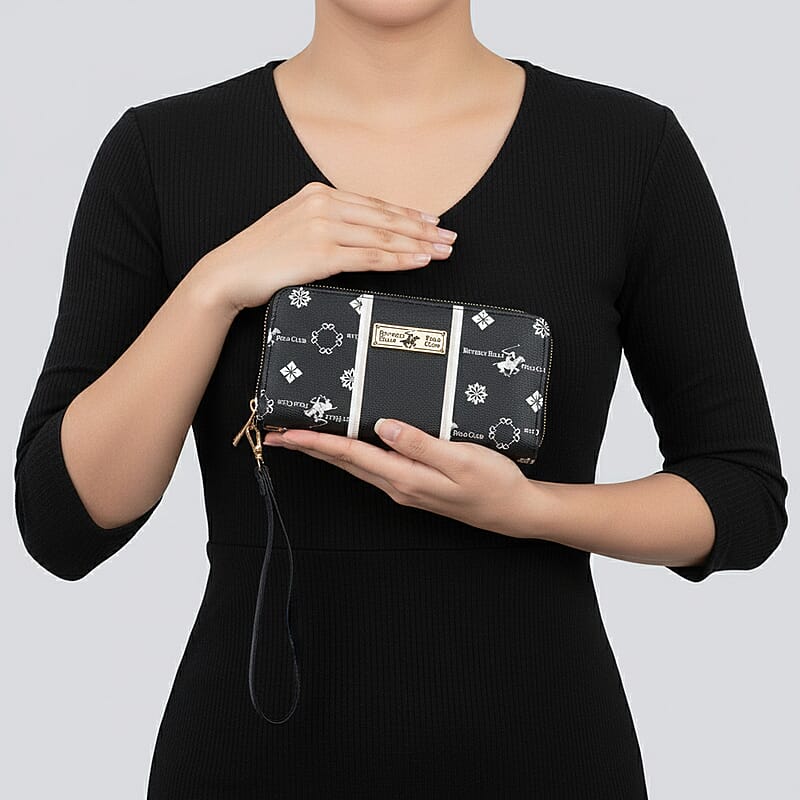 Closeout Beverly Hills Polo Club Black Faux Leather Multi Pattern Wristlet Wallet