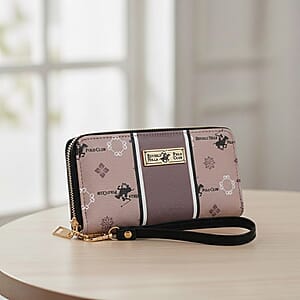Closeout Beverly Hills Polo Club Taupe Faux Leather Multi Pattern Wristlet Wallet 