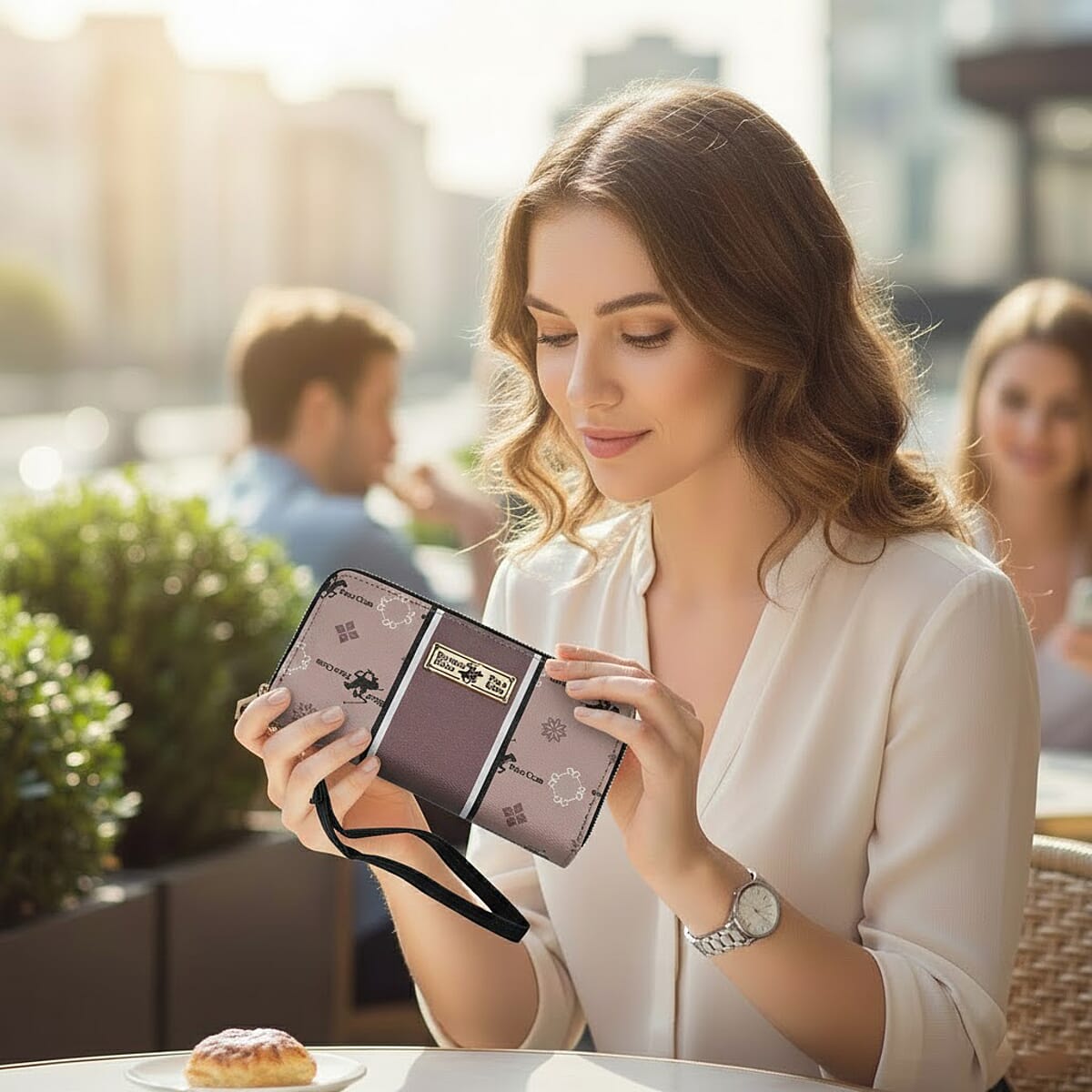 Closeout Beverly Hills Polo Club Taupe Faux Leather Multi Pattern Wristlet Wallet  image number 2