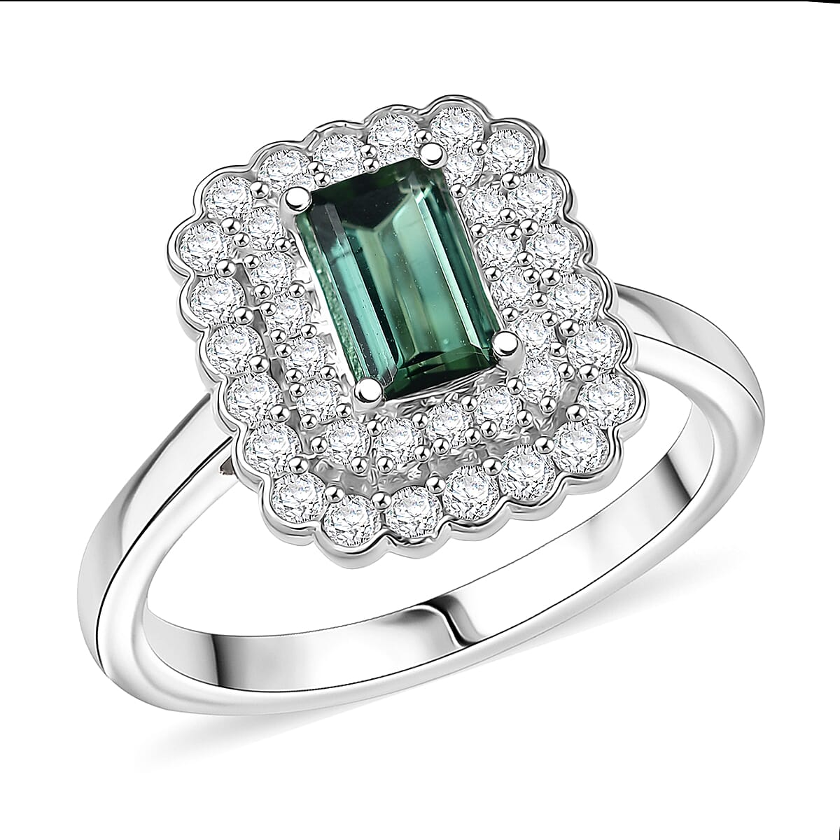 D'Joy AAA Lagoon Tourmaline and Moissanite 1.75 ctw Ring in Rhodium Over Sterling Silver (Size 10.0)