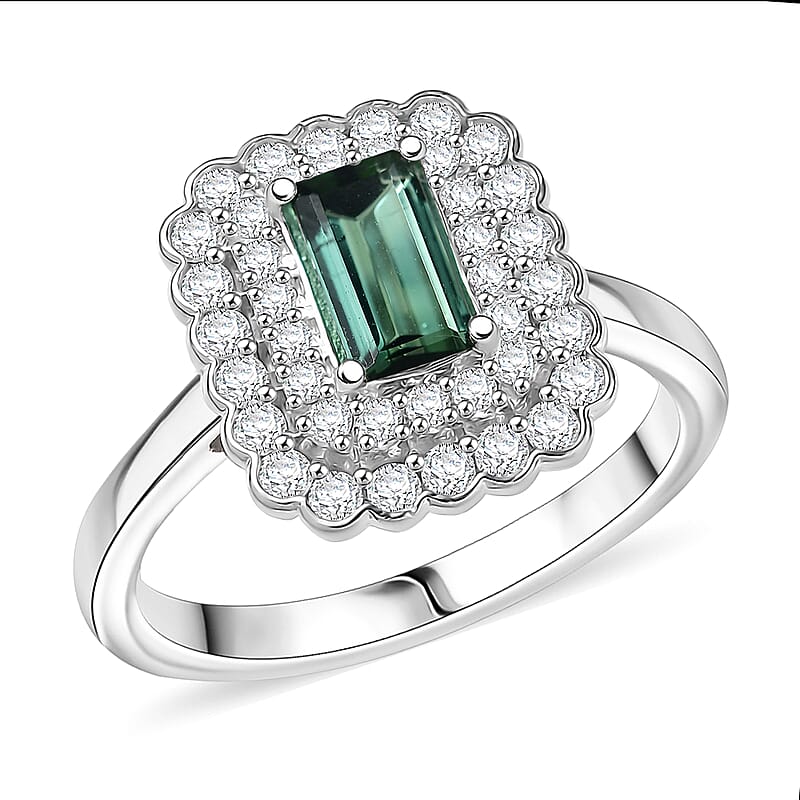 D'Joy AAA Lagoon Tourmaline and Moissanite 1.75 ctw Ring in Rhodium Over Sterling Silver (Size 10.0)