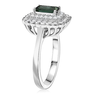 D'Joy AAA Lagoon Tourmaline and Moissanite 1.75 ctw Ring in Rhodium Over Sterling Silver (Size 10.0)