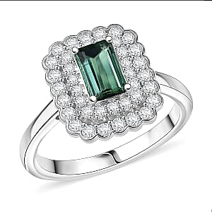 Doorbuster D'Joy AAA Lagoon Tourmaline, Moissanite Ring in Rhodium Over Sterling Silver (Size 5.0) 1.35 ctw