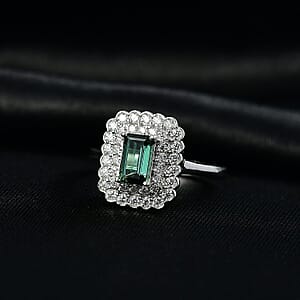  D'Joy AAA Lagoon Tourmaline, Moissanite Ring in Rhodium Over Sterling Silver (Size 5.0) 1.35 ctw