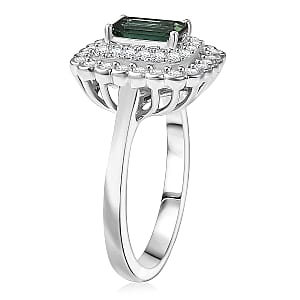  D'Joy AAA Lagoon Tourmaline, Moissanite Ring in Rhodium Over Sterling Silver (Size 5.0) 1.35 ctw
