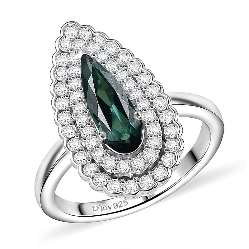 D'Joy AAA Pirineu Lagoon Tourmaline and Moissanite 1.50 ctw Ring in Rhodium Over Sterling Silver (Size 5.0)