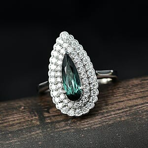 D'Joy AAA Pirineu Lagoon Tourmaline, Moissanite Double Halo Ring in Rhodium Over Sterling Silver (Size 7.0) 1.50 ctw