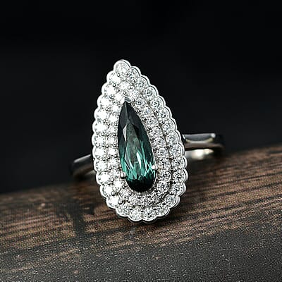 D'Joy AAA Pirineu Lagoon Tourmaline and Moissanite 1.50 ctw Ring in Rhodium Over Sterling Silver (Size 5.0)