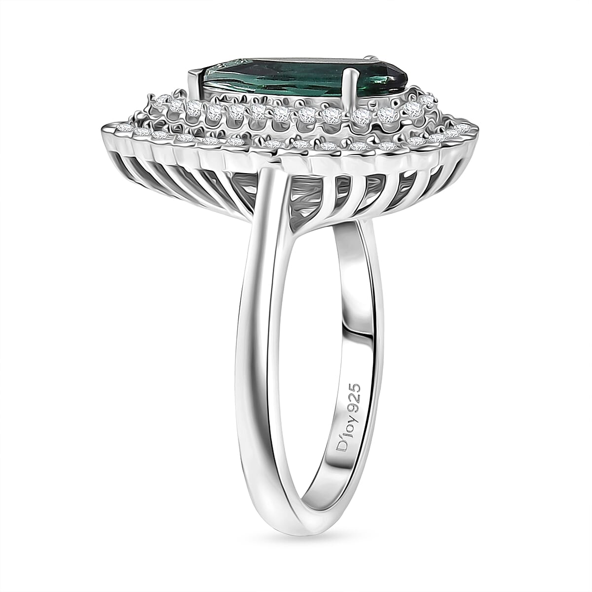 D'Joy AAA Pirineu Lagoon Tourmaline, Moissanite Double Halo Ring in Rhodium Over Sterling Silver (Size 7.0) 1.50 ctw image number 3
