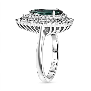 D'Joy AAA Pirineu Lagoon Tourmaline, Moissanite Double Halo Ring in Rhodium Over Sterling Silver (Size 7.0) 1.50 ctw