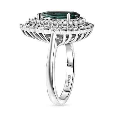 D'Joy AAA Pirineu Lagoon Tourmaline and Moissanite 1.50 ctw Ring in Rhodium Over Sterling Silver (Size 5.0)