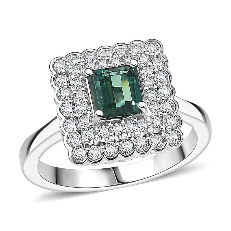 D'Joy AAA Pirineu Lagoon Tourmaline and Moissanite 1.75 ctw Ring in Rhodium Over Sterling Silver (Size 10.0)