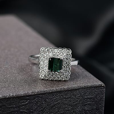 D'Joy AAA Pirineu Lagoon Tourmaline and Moissanite 1.75 ctw Ring in Rhodium Over Sterling Silver (Size 10.0)