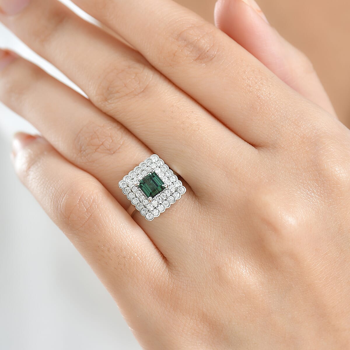 Doorbuster D'Joy AAA Pirineu Lagoon Tourmaline and Moissanite 1.75 ctw Ring in Rhodium Over Sterling Silver (Size 10.0) image number 2