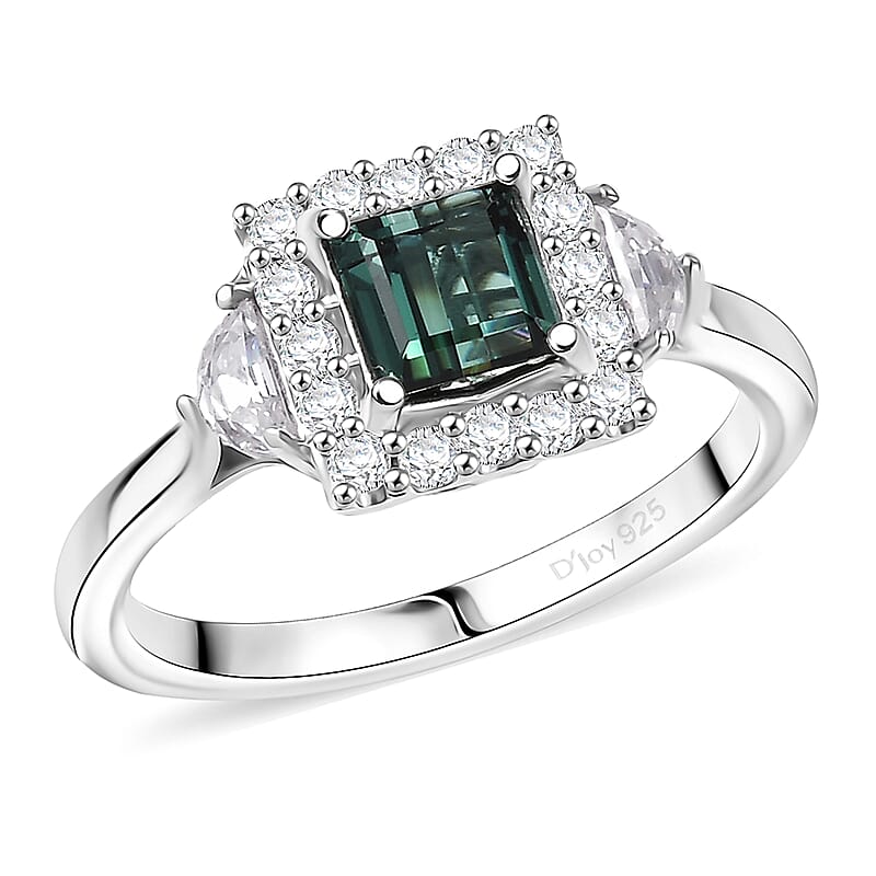 Certified & Appraised D'Joy AAA Pirineu Lagoon Tourmaline and Moissanite 1.50 ctw Ring in Rhodium Over Sterling Silver (Size 10.0)