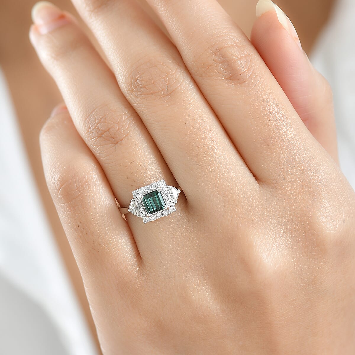 Doorbuster D'Joy AAA Pirineu Lagoon Tourmaline and Moissanite 1.50 ctw Ring in Rhodium Over Sterling Silver (Size 10.0) image number 2