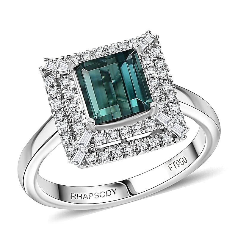 Certified and Appraised Rhapsody AAAA Lagoon Tourmaline, Diamond Ring in 950 Platinum 1.50 ctw (Size 10.0)