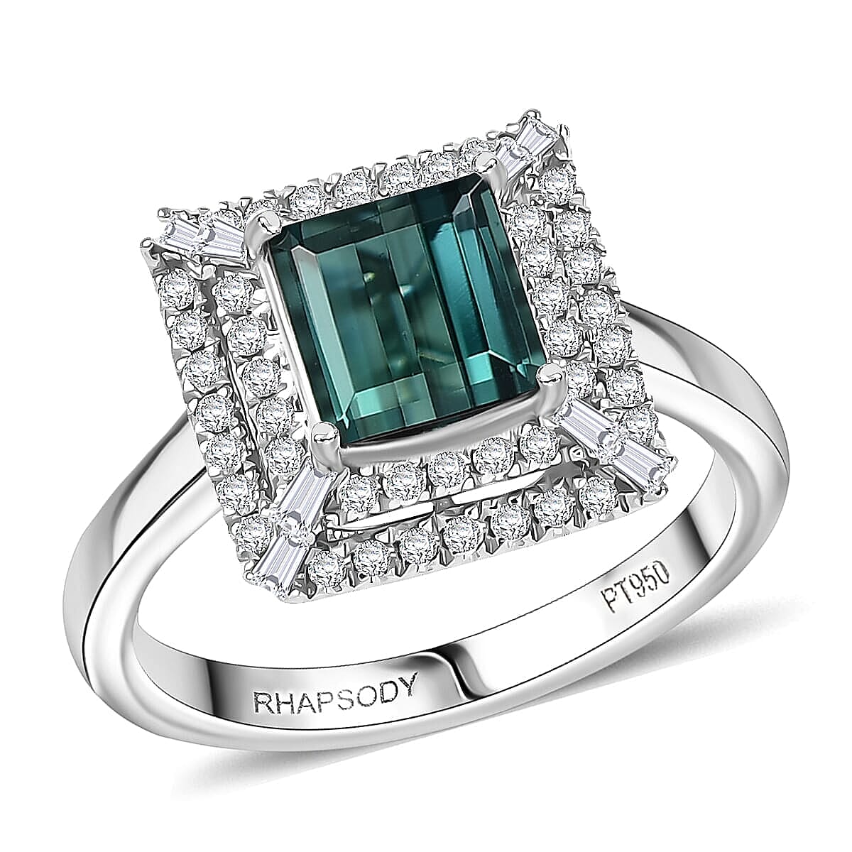 Certified and Appraised Rhapsody AAAA Lagoon Tourmaline, Diamond Ring in 950 Platinum 1.50 ctw (Size 5.0)
