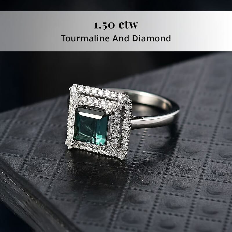Certified and Appraised Rhapsody AAAA Lagoon Tourmaline, Diamond Ring in 950 Platinum 1.50 ctw (Size 5.0)