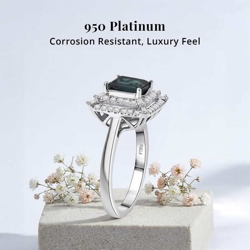 Certified and Appraised Rhapsody AAAA Lagoon Tourmaline, Diamond Ring in 950 Platinum 1.50 ctw (Size 5.0)
