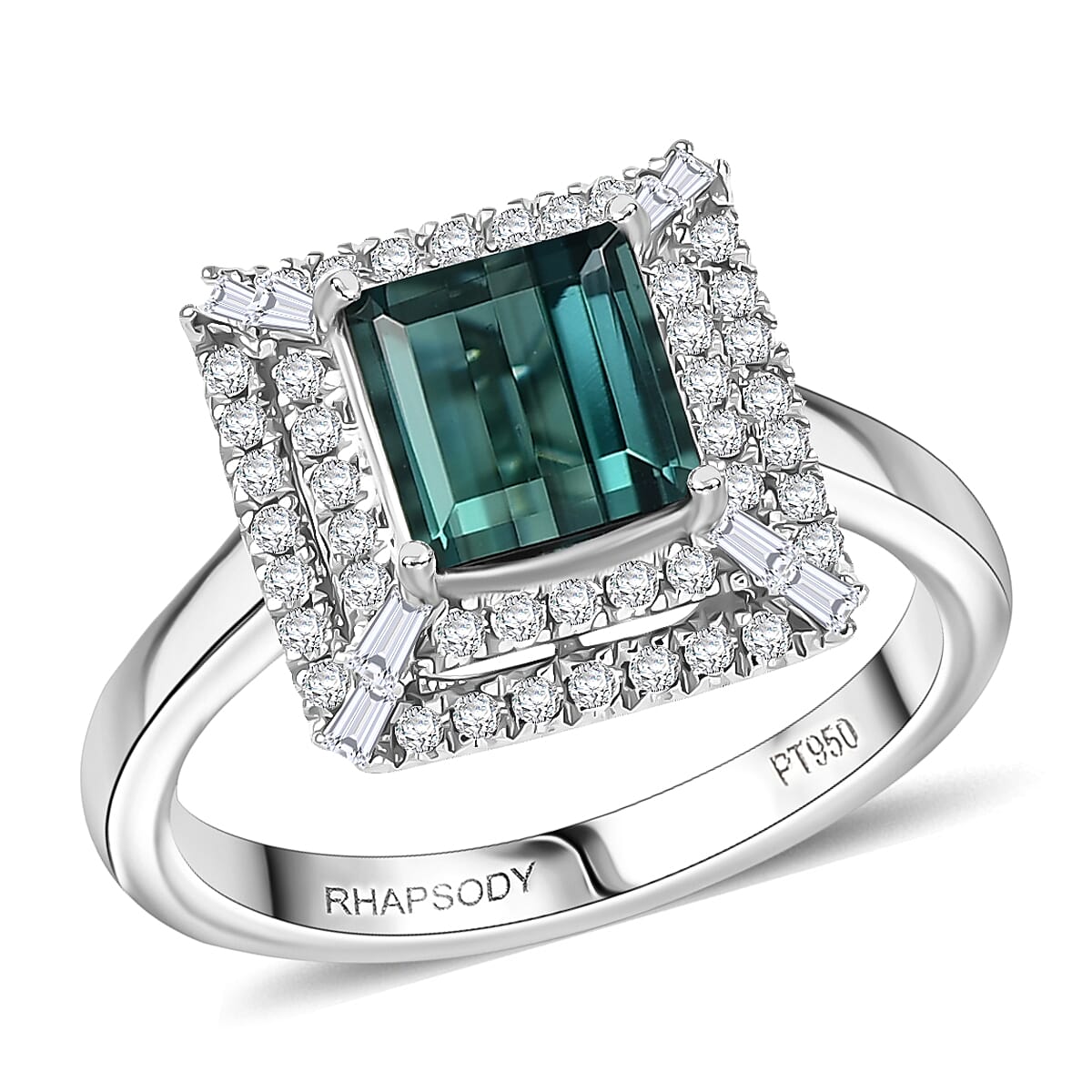 Doorbuster Certified & Appraised Rhapsody AAAA Lagoon Tourmaline and E-F VS Diamond 1.50 ctw Ring in 950 Platinum (Size 6.0) 6.65 Grams image number 0