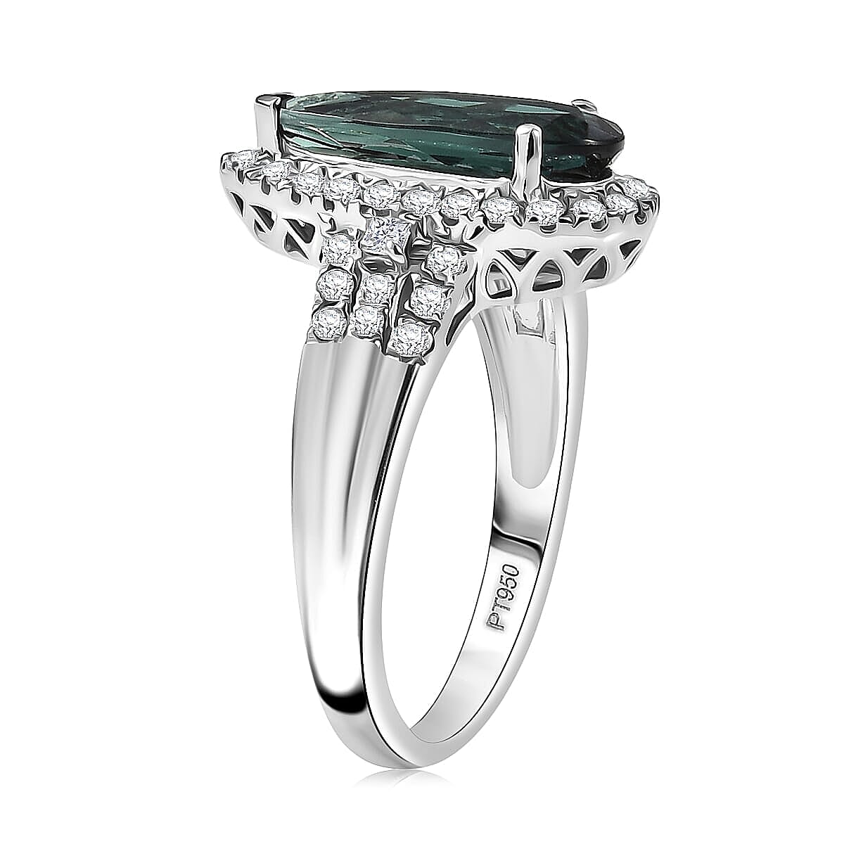 Doorbuster Certified & Appraised Rhapsody AAAA Pirineu Lagoon Tourmaline and Diamond E-F VS 2.25 ctw Ring in 950 Platinum (Size 10.5) 7.30 Grams image number 3