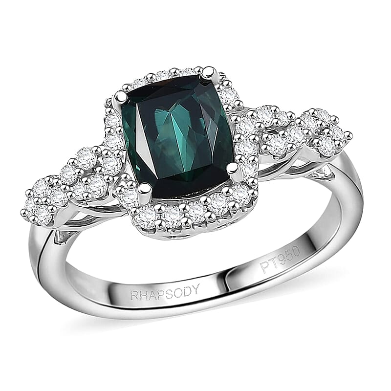 Certified and Appraised Rhapsody AAAA Monte Belo Indicolite, Diamond Ring in 950 Platinum 2.01 ctw (Size 12.0)