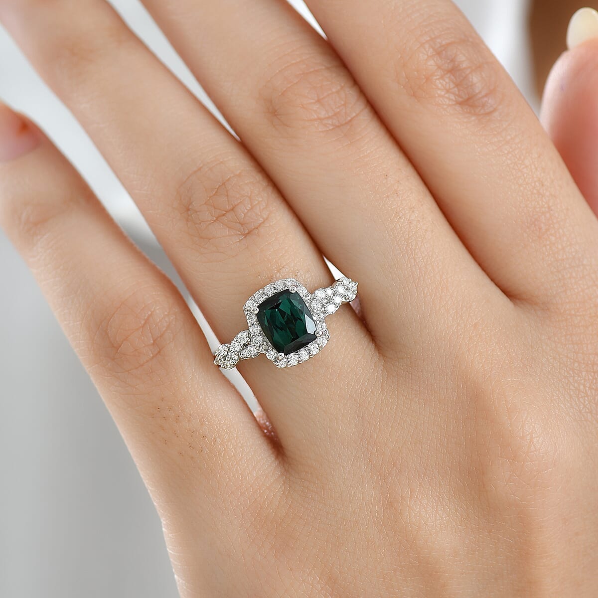 Certified & Appraised Rhapsody AAAA Monte Belo Indicolite and E-F VS Diamond 2.01 ctw Ring in 950 Platinum (Size 7.0) 6.67 Grams image number 2