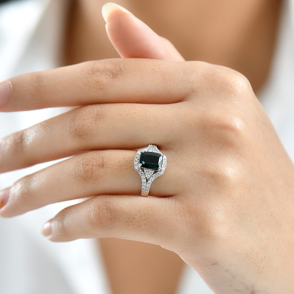 Doorbuster Certified & Appraised Rhapsody AAAA Monte Belo Indicolite and E-F VS Diamond 2.33 ctw Ring in 950 Platinum (Size 10.0) 6.50 Grams image number 2