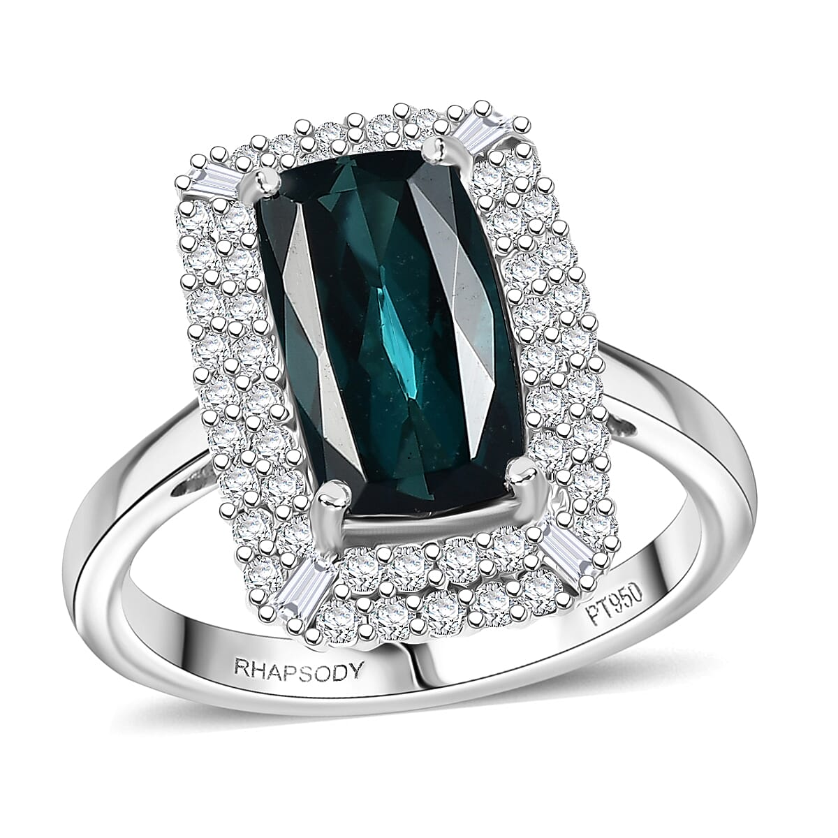 Certified & Appraised Rhapsody AAAA Monte Belo Indicolite and E-F VS Diamond 3.24 ctw Ring in 950 Platinum (Size 7.0) 7.25 Grams image number 0